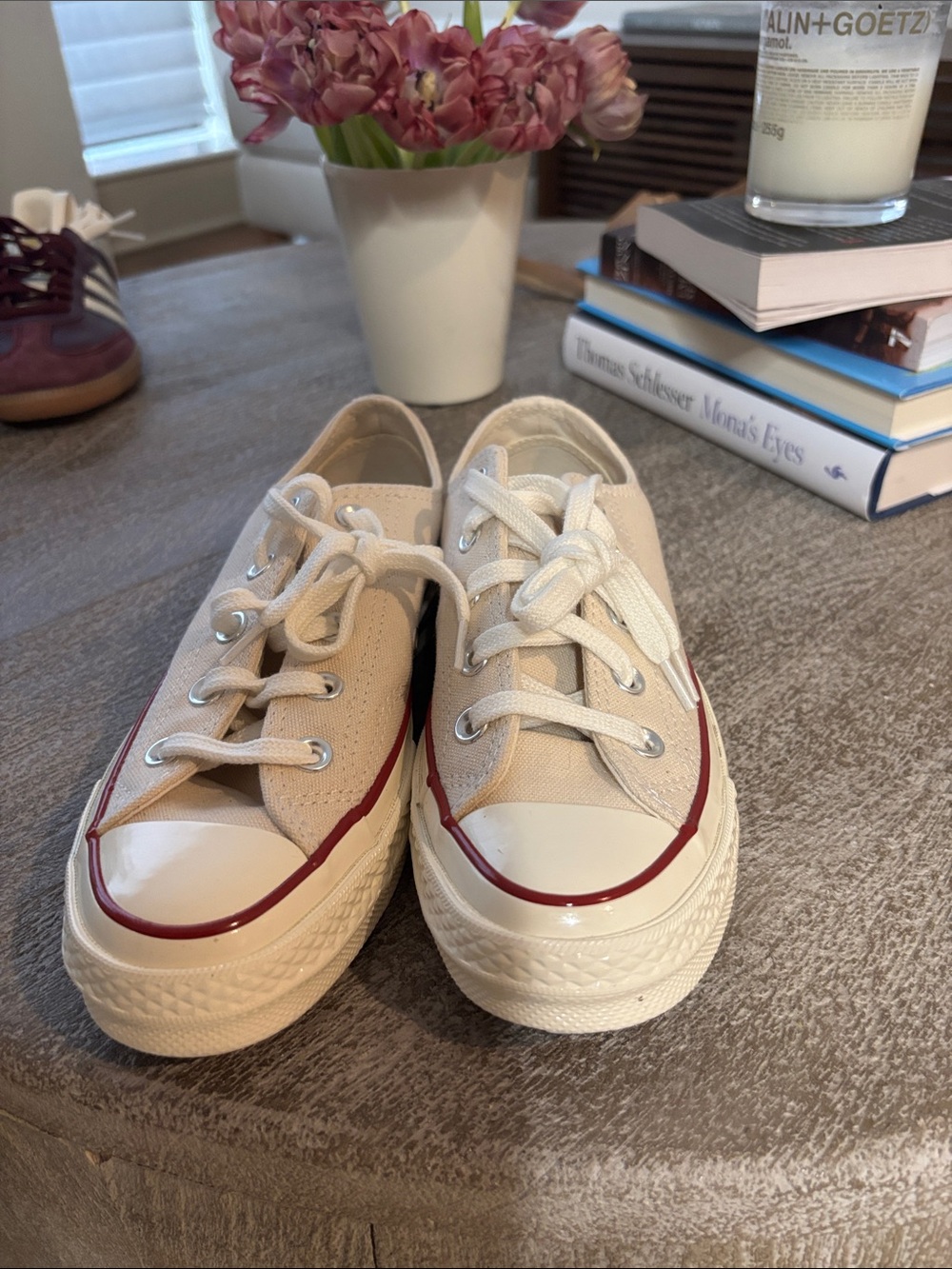 Converse Low-Top Canvas Sneakers in Off-White with Red Trim